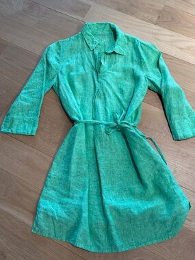 Lilly Pulitzer Bright Teal Green Linen Shirt Dress with Waist Tie
